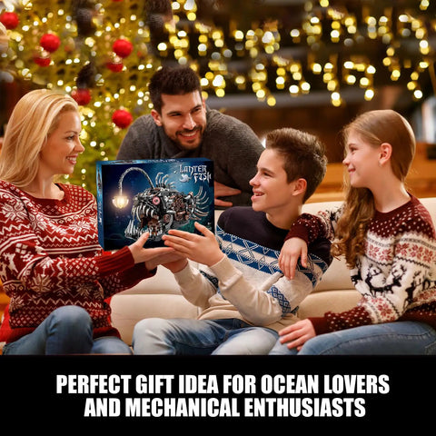 Mechanical Angler Fish Building Set With Light For Home Office Decor And Ocean Themed Lit Fun Lantern Fish Toy Lego Compatible Sea Creature STEM Gift Idea For Adults And Teens 1038 Piece Set, family holding box