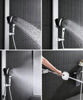 Exposed Shower Faucet System Piano Key Diverter Control Chrome featuring water spray in multiple angles and shower head details.