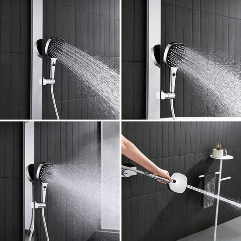 Exposed Shower Faucet System Piano Key Diverter Control Chrome featuring water spray in multiple angles and shower head details.