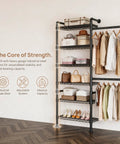 Heavy Duty Wall Mounted Industrial Pipe Closet Rack Featuring Six Generous Shelves And Two Sturdy Bars Built Different To Save Space And Expand Easily In Deep Black with clothes and bags.