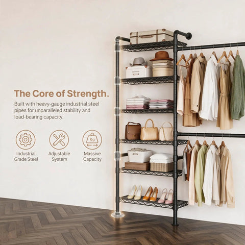 Heavy Duty Wall Mounted Industrial Pipe Closet Rack Featuring Six Generous Shelves And Two Sturdy Bars Built Different To Save Space And Expand Easily In Deep Black with clothes and bags.