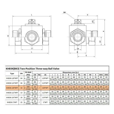 Taixin KHB3K 3/8-inch NPT female hydraulic three-way ball valve, L-bore, front and side views