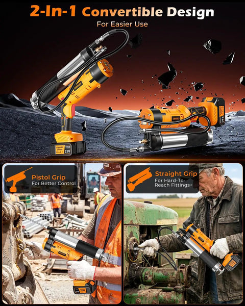 12000 PSI Cordless Electric Grease Gun Kit with dual 4.0Ah batteries in use with various grip options and 40-inch flexible hose