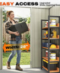 Person carrying box through 28 inch wide door of Compact 5X3 Foot Metal Garden Tool Shed That Is Super Handy With 2 Way Sloping Roof And 28 Inch Wide Lockable Door Waterproof Galvanized Steel For Backyard Patio Or Lawn Storage