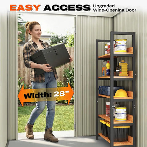 Person carrying box through 28 inch wide door of Compact 5X3 Foot Metal Garden Tool Shed That Is Super Handy With 2 Way Sloping Roof And 28 Inch Wide Lockable Door Waterproof Galvanized Steel For Backyard Patio Or Lawn Storage