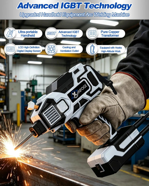 Compact 110V MMA Welder With LCD Display And IGBT Inverter Portable Arc Welder Gun in workshop emitting sparks