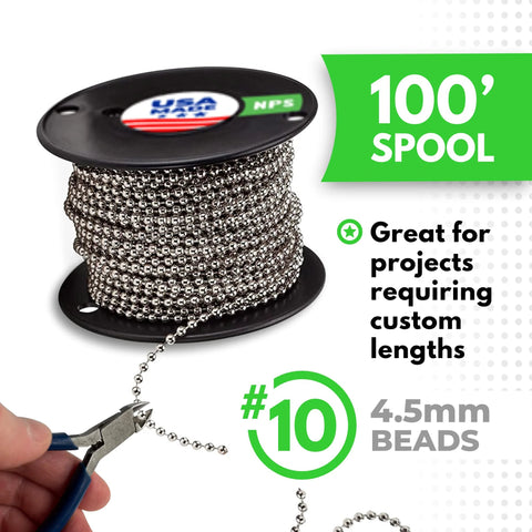 Beaded Ball Chain 4.5mm Nickel Plated Steel 100 Foot Spool with B Type Connectors 100 Pack Bundle Indoor Use Made in USA
