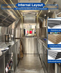 Internal layout of turnkey black food truck for barbecue catering mobile trailer with stainless steel kitchen.
