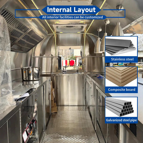 Internal layout of turnkey black food truck for barbecue catering mobile trailer with stainless steel kitchen.