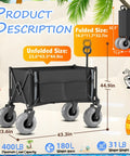 All Terrain Beach Wagon With 9 Inch Inflatable Tires, Heavy Duty Foldable Cart displaying dimensions and capacity.