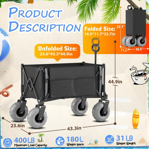 All Terrain Beach Wagon With 9 Inch Inflatable Tires, Heavy Duty Foldable Cart displaying dimensions and capacity.
