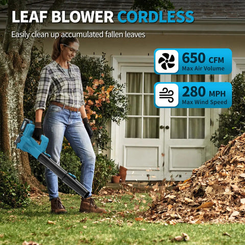 Person using Cordless Leaf Blower 21V With Two 4.0Ah Batteries And Fast Charger Lightweight Electric Yard Blower For Leaves And Dust