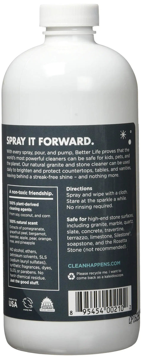 Back label of Granite Cleaner And Polish For Marble Quartz Slate And Concrete Surfaces Streak Free Stone Countertop Cleaner 16oz bottle