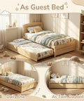 Solid Pine Twin Bed Frame With Pull Out Trundle, displayed as guest bed with retratable trundle in natural wood finish.
