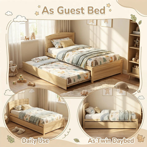 Solid Pine Twin Bed Frame With Pull Out Trundle, displayed as guest bed with retratable trundle in natural wood finish.
