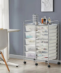 15 Drawer Rolling Storage Cart On Wheels With Two Drawer Sizes White Go To Multi Purpose Mobile Organizer For Craft Supplies Scrapbook Paper Tools Home Office Garage in room setting