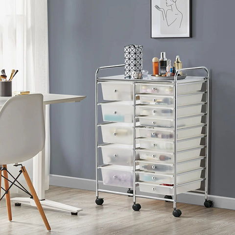 15 Drawer Rolling Storage Cart On Wheels With Two Drawer Sizes White Go To Multi Purpose Mobile Organizer For Craft Supplies Scrapbook Paper Tools Home Office Garage in room setting