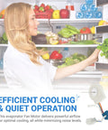 Person opening refrigerator, product 'Evaporator Fan Motor Replacement For GE Hotpoint Refrigerators Plug And Play Direct Fit Replaces AP4438809 WR60X10224 WR60X10099 WR60X30370 Easy Install Durable Cooling Lifetime Protection' displayed below.