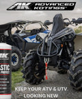 Plastic Shine And Protect Spray For ATVs UTVs Trucks And Dirt Bikes High Gloss Finish Easy Cleanup Kick Dirt To The Curb Dust And Stain Repellent Durable Vinyl And Plastic Surface Protector 16oz, bottle and ATV display