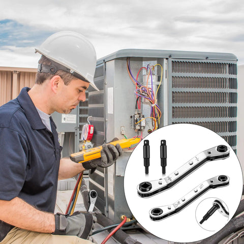 HVAC air conditioning valve ratchet wrench set with dual pneumatic wrenches, adapters, and hex bits in use by technician on unit.