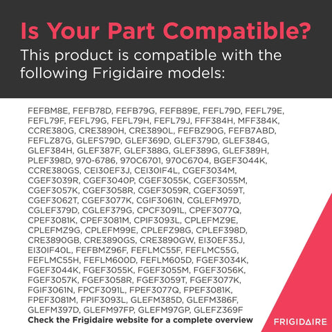 Compatibility chart for various Frigidaire models with 316430900 Oven Broil Element Replacement For Electric Ranges And Stoves In Black Drop In Fit Easy Install Durable Heating Element For Even Browning And Consistent Cooking Ideal Repair Part For Home Kitchens.
