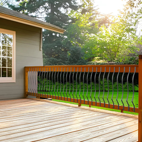 Straight Up Heavy Duty Cast Iron Curve Deck Balusters With Screws 29.5 Inch Wave Arc Metal Spindles on outdoor deck railing.