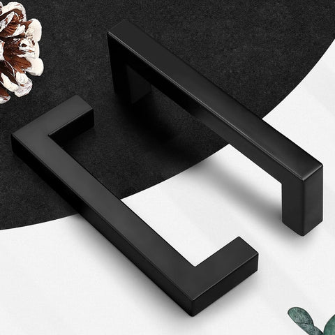 Matte Black Cabinet Handles 5 Pack 4 Inch Hole Center 102mm Stainless Steel Square Bar Drawer Pulls on white and black surface