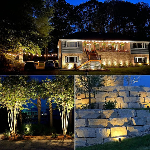 All In One Outdoor Landscape Lighting Kit For Easy No Fuss Setup 8 Pack Low Voltage Uplights illuminating yard, trees, and patio