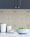 Gold Aurum Self Adhesive Wallpaper With Gray Geometric Pattern Peel And Stick Wall Covering For Modern Homes in kitchen setting