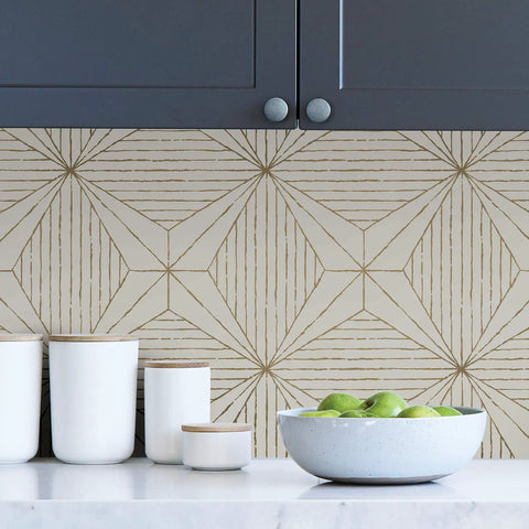 Gold Aurum Self Adhesive Wallpaper With Gray Geometric Pattern Peel And Stick Wall Covering For Modern Homes in kitchen setting