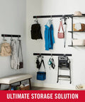 Wall-installed 32 Inch FastTrack Garage Rail With All In One Hook Kit Black Heavy Duty Tool Organizer for home or shed use.