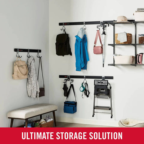 Wall-installed 32 Inch FastTrack Garage Rail With All In One Hook Kit Black Heavy Duty Tool Organizer for home or shed use.