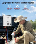 Man using Grab And Go Portable Propane Water Heater, demonstrating 1.32 GPM hot flow with 34000 BTU output outdoors.