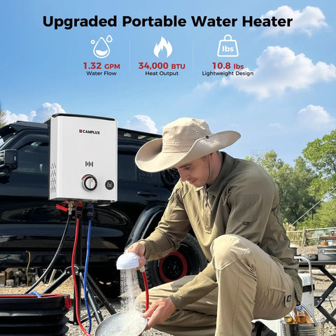 Man using Grab And Go Portable Propane Water Heater, demonstrating 1.32 GPM hot flow with 34000 BTU output outdoors.