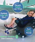 Child using Travel Seat For Kids Foldable Ride On Suitcase Accessory For Toddlers And Carriers at airport, smiling and relaxed.