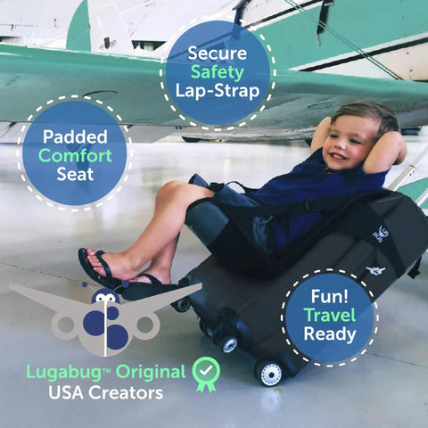 Child using Travel Seat For Kids Foldable Ride On Suitcase Accessory For Toddlers And Carriers at airport, smiling and relaxed.