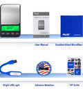 Pocket Digital Gram Scale 1200g x 0.1g with accessories, including a microfiber cloth, USB light, medallion, and manuals.