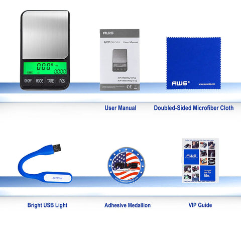 Pocket Digital Gram Scale 1200g x 0.1g with accessories, including a microfiber cloth, USB light, medallion, and manuals.