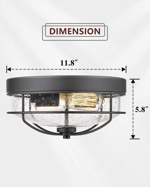 12 Inch 2 Light Farmhouse Flush Mount Ceiling Light With Seeded Glass Shade In Sand Black Finish Close To Ceiling Fixture dimensions