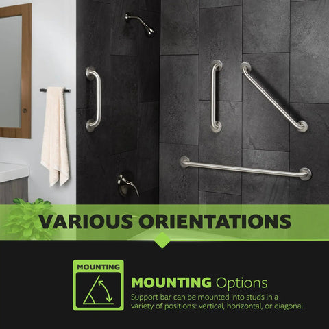 Various mounting positions for Heavy Duty 24 Inch Bathroom Grab Bar With Rock Solid Brushed Stainless Steel And Slick Concealed Screws.