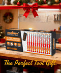 Boxed 1000V Insulated Electrician Screwdriver Set With Magnetic Tips And Rotatable Top Cap, 12 Piece Kit, on workshop bench.