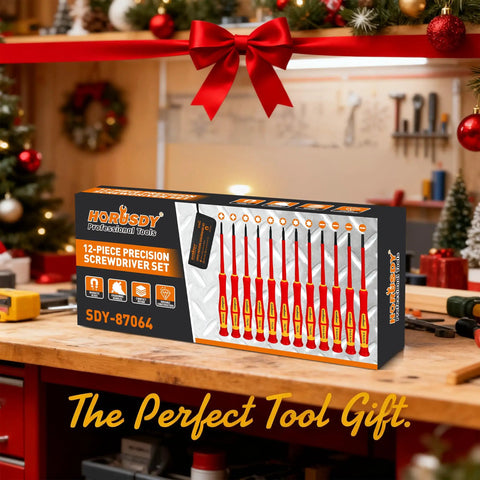Boxed 1000V Insulated Electrician Screwdriver Set With Magnetic Tips And Rotatable Top Cap, 12 Piece Kit, on workshop bench.