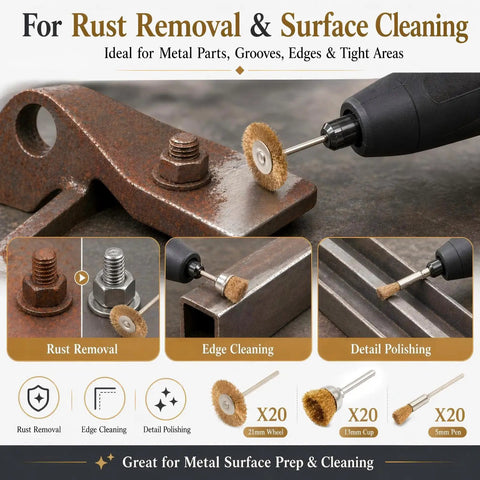 Top Shelf Brass Wire Brush Kit For Knocking Out Rust And Buffing To Perfection With Three Mm Shank That Clicks Straight Into Your Drill Or Rotary Tool 60 Piece Crate, showing rust removal on metal parts.
