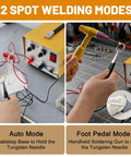 Image showing two spot welding modes of a 30A Jewelry Spot Welder Machine Handheld Pulse Arc Welder for various jewelry repairs.