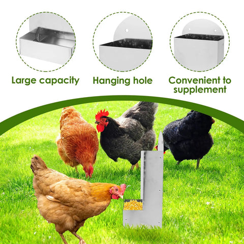 Hella Durable Galvanized Steel Chicken Oyster Shell And Poultry Grit Feeder With Roomy Dual Chamber Auto Fill Dispenser in use with chickens.