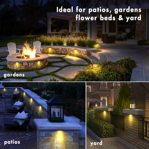 8 Pack 4 Inch LED Retaining Wall Lights Outdoor Hardscape Step Lights Low Voltage 12V Landscape Lighting IP65 Waterproof 1.5W 2700K Soft White Cozy Glow illuminating patios and gardens at night.