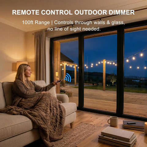 Woman using Outdoor String Light Dimmer 350W Plug In With Remote Control And Timer IP65 Waterproof LED Dimmer Switch