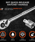 One Half Inch Drive Quick Release Ratchet Handle With 90-Tooth Reversible Chrome Alloy Socket Wrench and Adapter