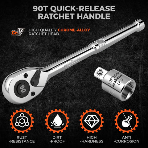 One Half Inch Drive Quick Release Ratchet Handle With 90-Tooth Reversible Chrome Alloy Socket Wrench and Adapter
