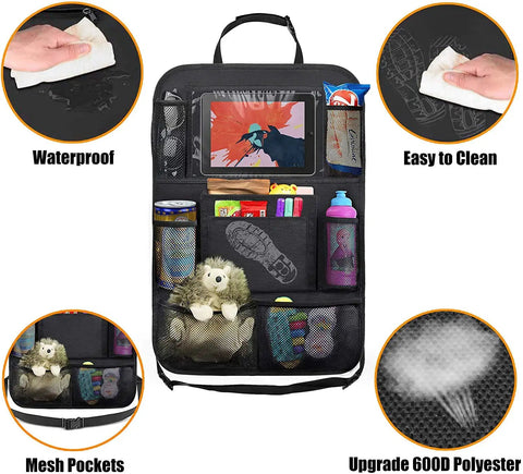 Backseat Organizer With 10 Inch Table Holder And Nine Storage Pockets, mesh pockets, waterproof material, easy to clean